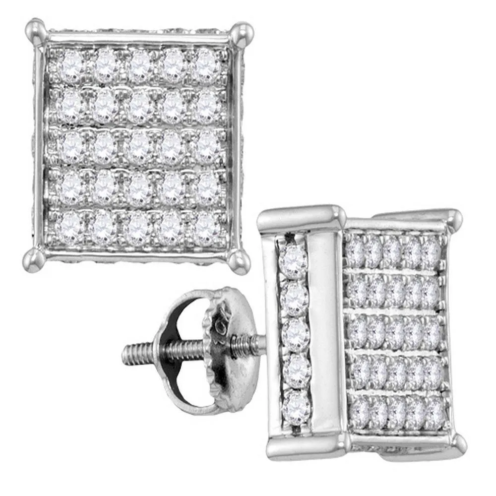 10K White Gold Round Pave-set Diamond Square Cluster Earrings 1.00 Cttw