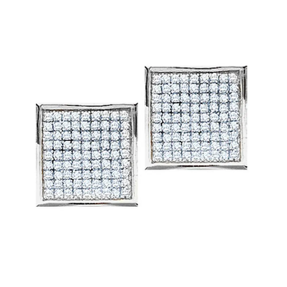 10K White Gold Round Pave-set Diamond Square Cluster Earrings 7/8 Cttw