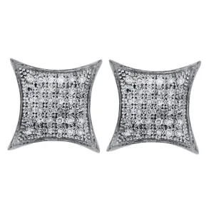 10K White Gold Round Pave-set Diamond Square Kite Cluster Earrings 1/5 Cttw