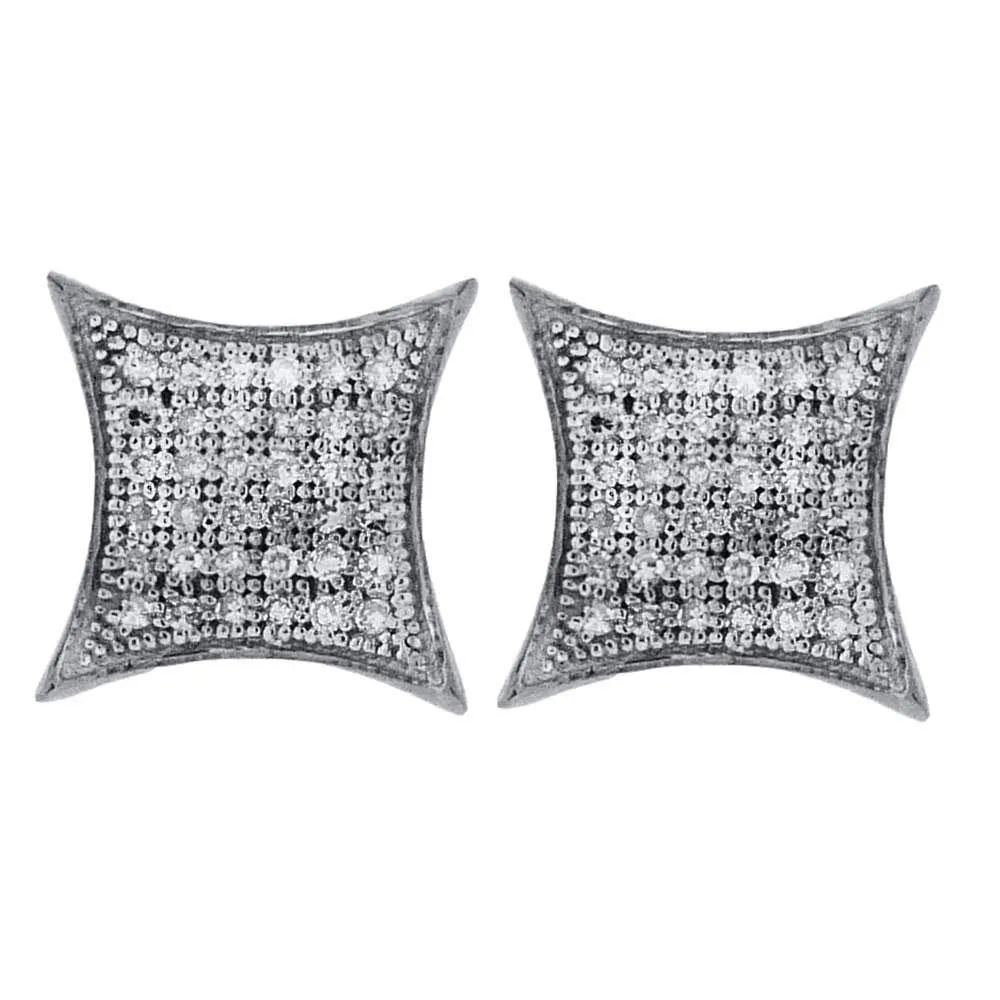 10K White Gold Round Pave-set Diamond Square Kite Cluster Earrings 1/5 Cttw
