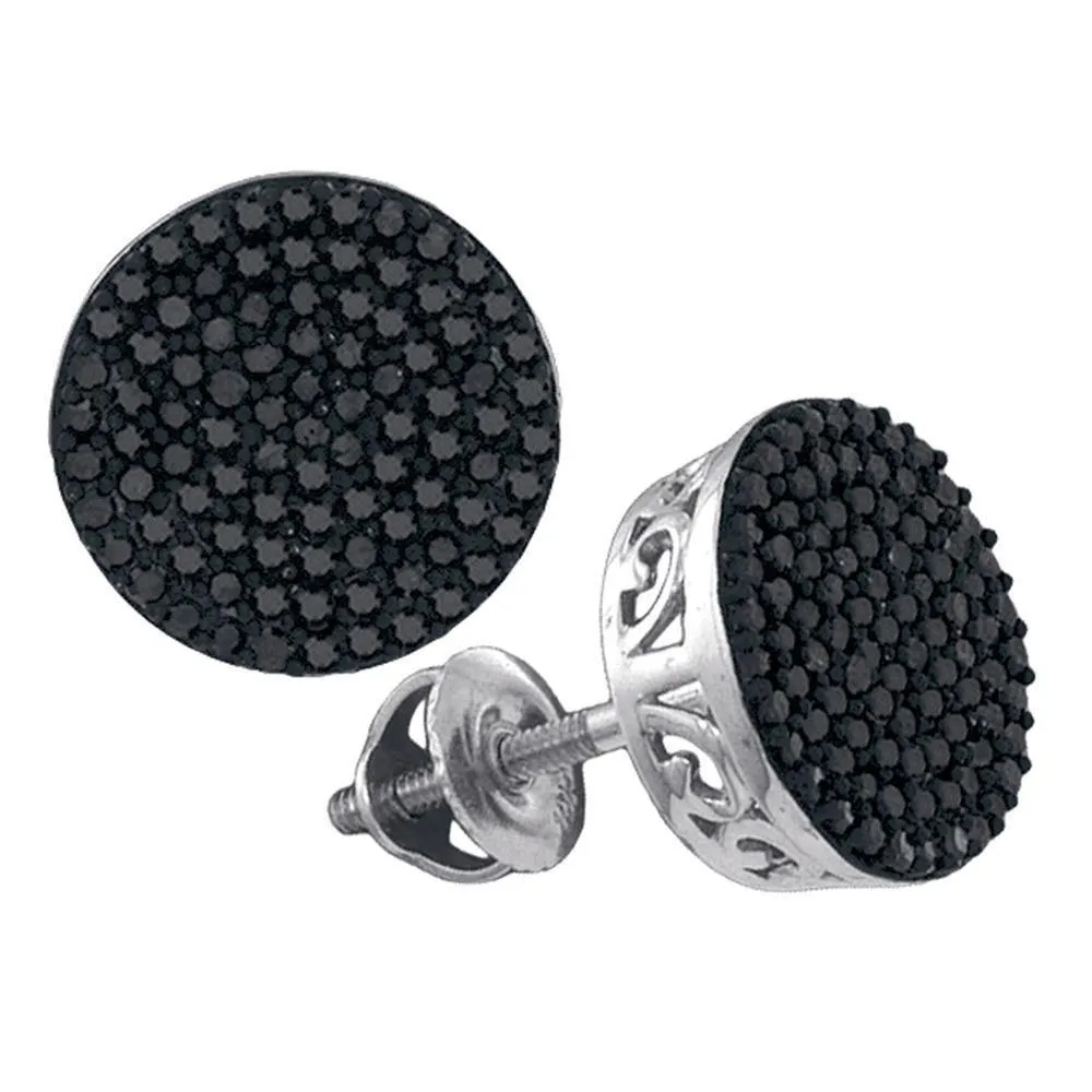 10K White Gold Unisex Round Black Color Enhanced Diamond Cluster Earrings 1/2 Cttw