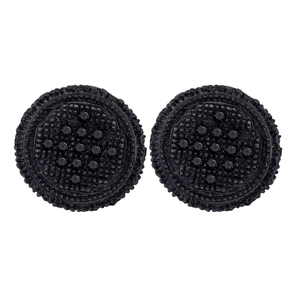 10K Yellow Black-tone Gold Mens Round Black Color Enhanced Diamond 3D Circle Cluster Earrings 1/3 Cttw