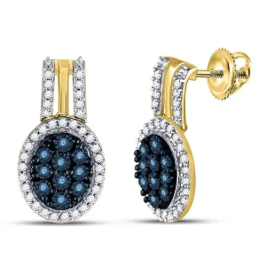 10K Yellow Gold Color Enhanced Blue Diamond Oval Cluster Earrings 3/4 Cttw