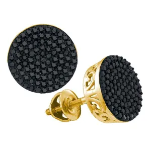 10K Yellow Gold Mens Round Black Color Enhanced Diamond Cluster Earrings 1/2 Cttw