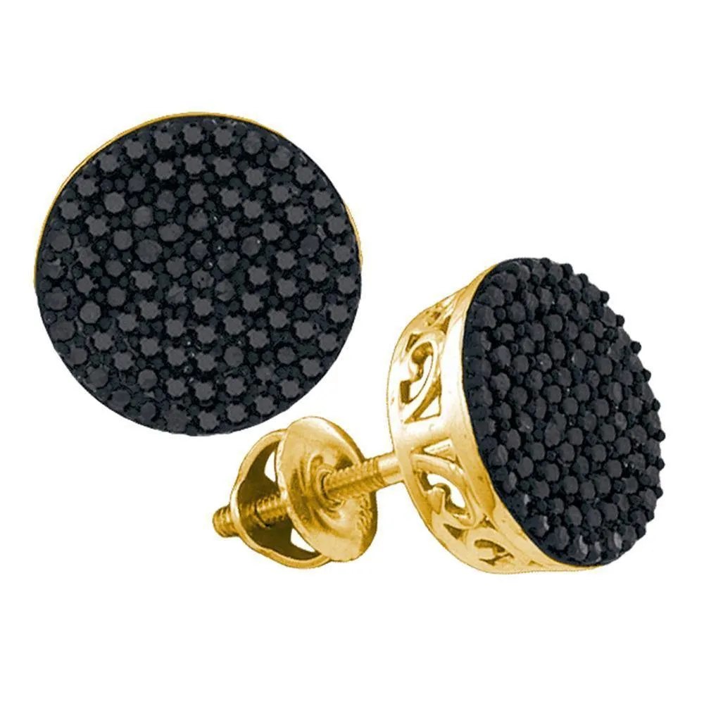 10K Yellow Gold Mens Round Black Color Enhanced Diamond Cluster Earrings 1/2 Cttw