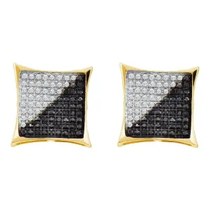 10K Yellow Gold Mens Round Black Color Enhanced Diamond Square Cluster Earrings 1/10 Cttw