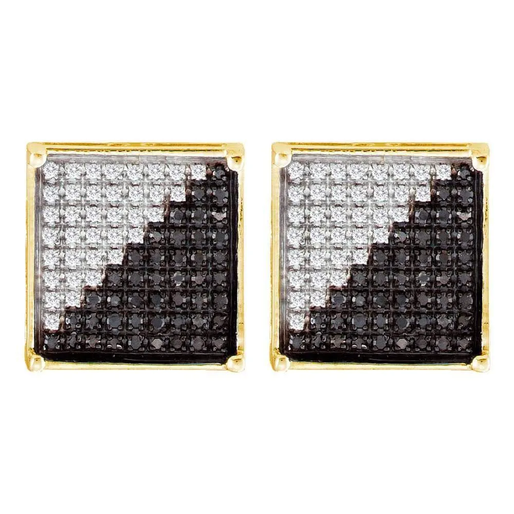 10K Yellow Gold Mens Round Black Color Enhanced Diamond Square Cluster Earrings 1/6 Cttw
