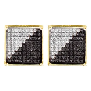 10K Yellow Gold Mens Round Black Color Enhanced Diamond Square Cluster Earrings 1/6 Cttw