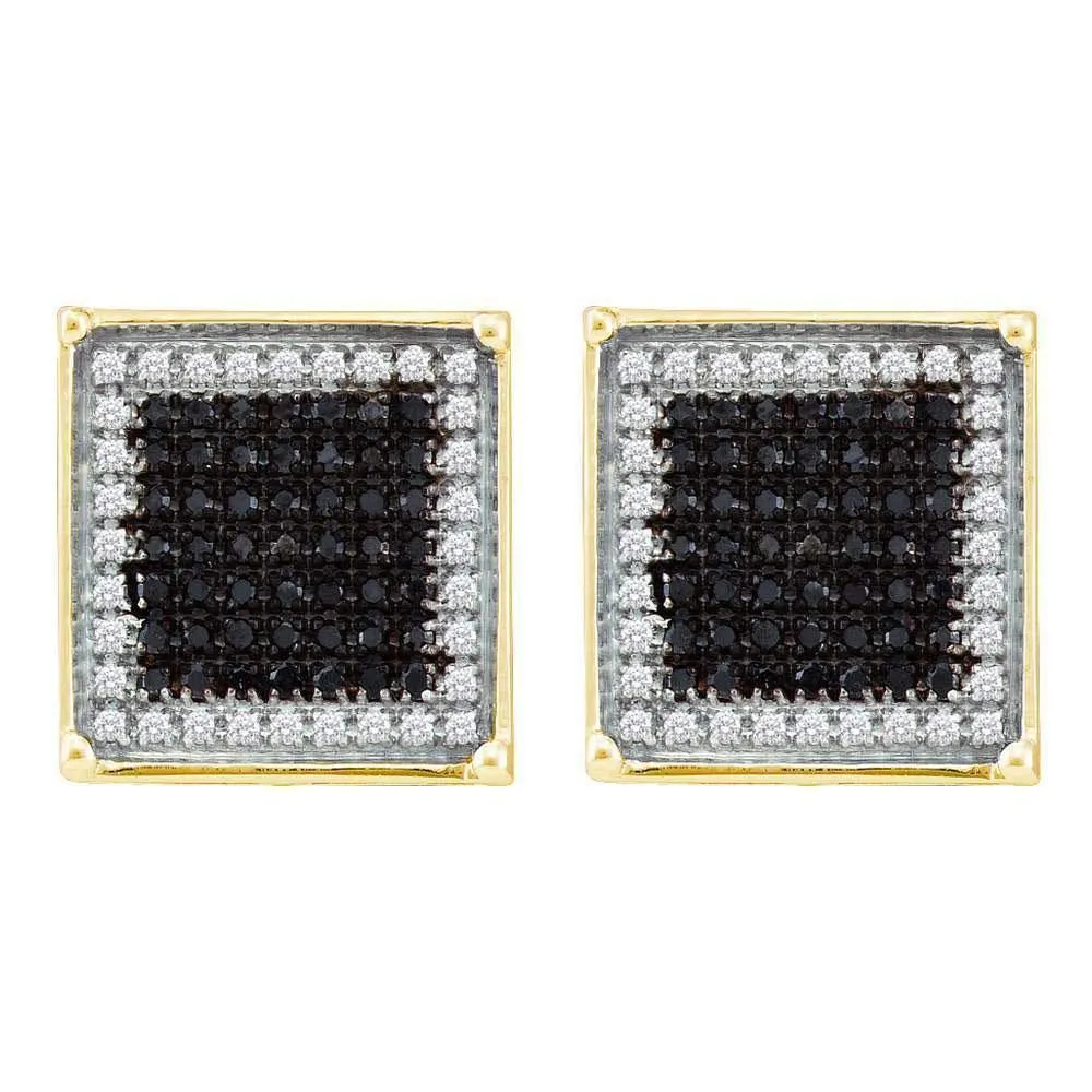 10K Yellow Gold Mens Round Black Color Enhanced Diamond Square Frame Cluster Earrings 7/8 Cttw