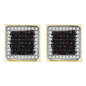 10K Yellow Gold Mens Round Black Color Enhanced Diamond Square Frame Cluster Earrings 7/8 Cttw