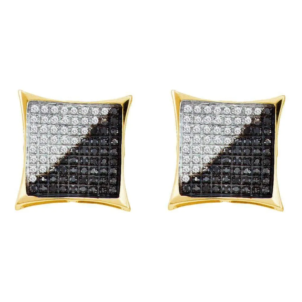 10K Yellow Gold Mens Round Black Color Enhanced Diamond Square Kite Cluster Earrings 3/4 Cttw