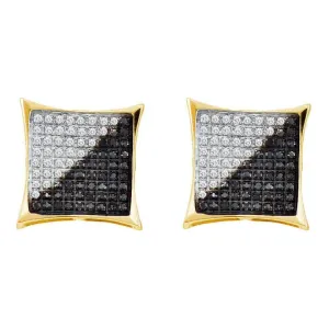 10K Yellow Gold Mens Round Black Color Enhanced Diamond Square Kite Cluster Earrings 3/4 Cttw