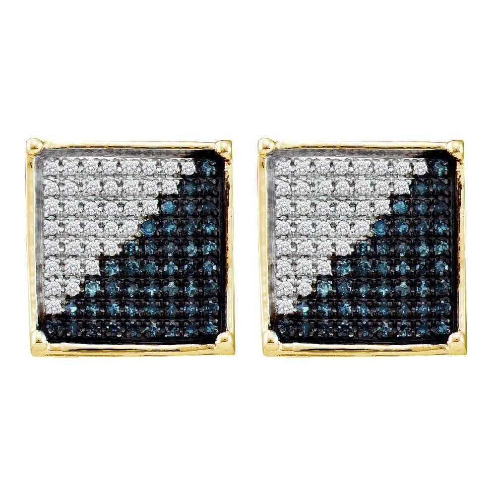 10K Yellow Gold Mens Round Blue Color Enhanced Diamond Square Cluster Earrings 1/2 Cttw