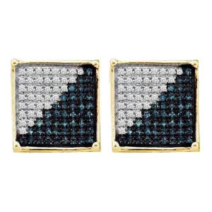 10K Yellow Gold Mens Round Blue Color Enhanced Diamond Square Cluster Earrings 1/2 Cttw