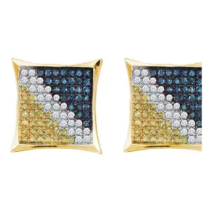 10K Yellow Gold Mens Round Blue Color Enhanced Diamond Square Kite Cluster Earrings 1/4 Cttw