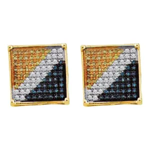 10K Yellow Gold Mens Round Blue Yellow Color Enhanced Diamond Square Cluster Earrings 1/20 Cttw