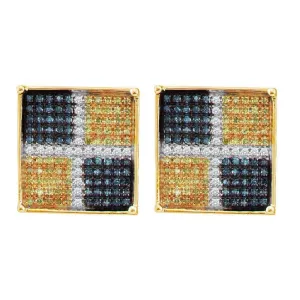 10K Yellow Gold Mens Round Blue Yellow Color Enhanced Diamond Square Cluster Earrings 1/3 Cttw