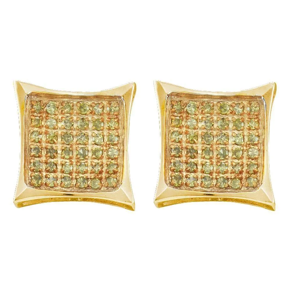 10K Yellow Gold Mens Round Color Enhanced Diamond Square Kite Cluster Earrings 1/10 Cttw