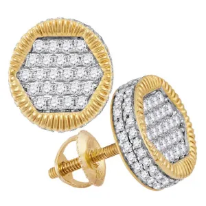 10K Yellow Gold Mens Round Diamond 3D Circle Cluster Stud Earrings 3/4 Cttw