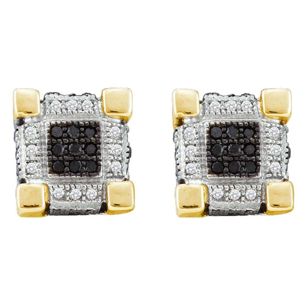 10K Yellow Gold Mens Round Diamond 3D Cube Square Cluster Stud Earrings 1/4 Cttw