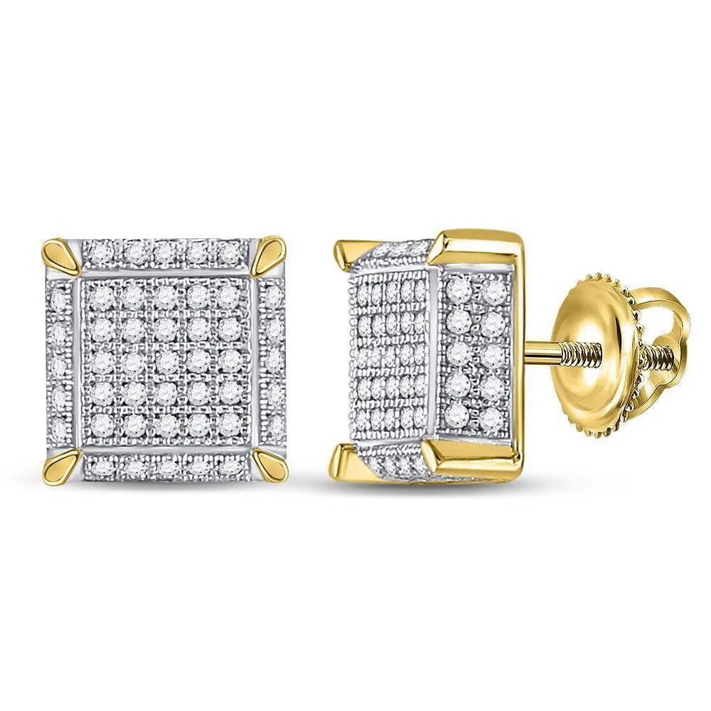 10K Yellow Gold Mens Round Diamond 3D Square Cluster Earrings 1/2 Cttw