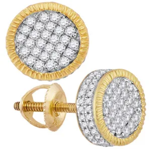 10K Yellow Gold Mens Round Diamond Fluted Circle Cluster Stud Earrings 7/8 Cttw