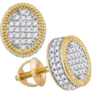 10K Yellow Gold Mens Round Diamond Fluted Oval Cluster Stud Earrings 3/4 Cttw