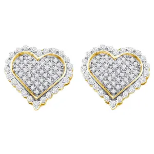 10K Yellow Gold Mens Round Diamond Heart Cluster Stud Earrings 1/2 Cttw