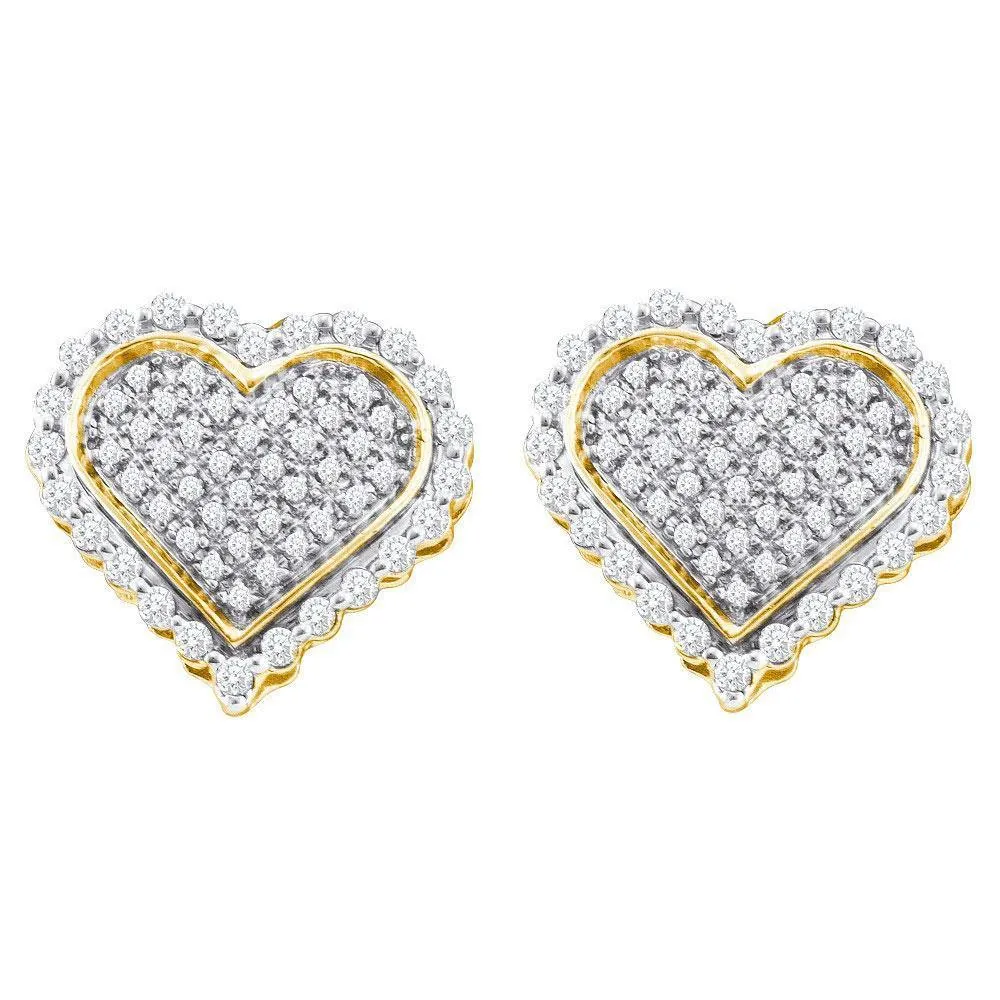 10K Yellow Gold Mens Round Diamond Heart Cluster Stud Earrings 1/2 Cttw