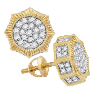 10K Yellow Gold Mens Round Diamond Starburst 3D Cluster Stud Earrings 3/4 Cttw