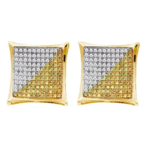 10K Yellow Gold Mens Round Yellow Color Enhanced Diamond Square Cluster Earrings 1/4 Cttw