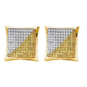 10K Yellow Gold Mens Round Yellow Color Enhanced Diamond Square Kite Cluster Screwback Earrings 1/2 Cttw