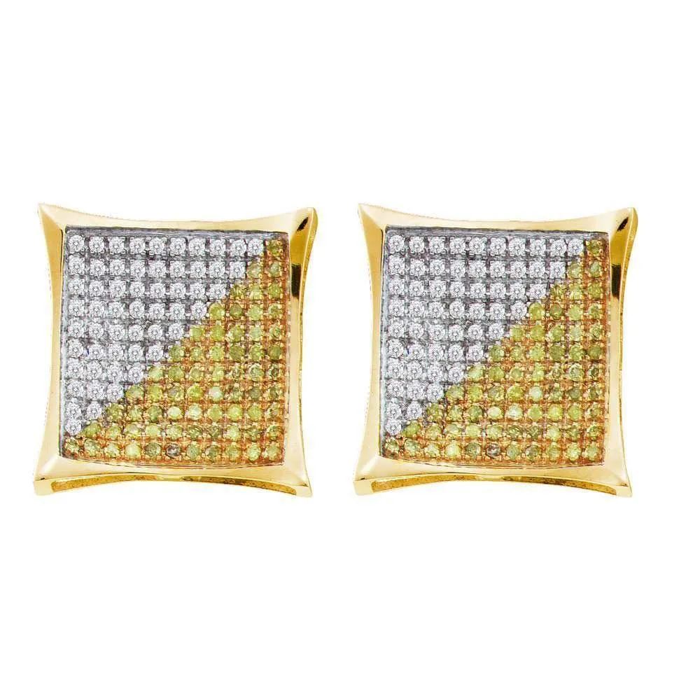 10K Yellow Gold Mens Round Yellow Color Enhanced Diamond Square Kite Cluster Screwback Earrings 1/2 Cttw