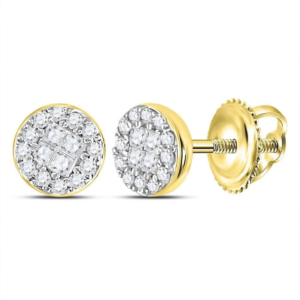 10K Yellow Gold Princess Round Diamond Soleil Cluster Earrings 1/6 Cttw