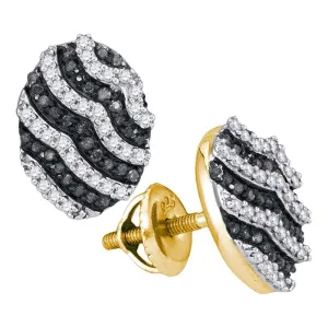 10K Yellow Gold Round Black Color Enhanced Diamond Oval Stripe Cluster Earrings 1/2 Cttw