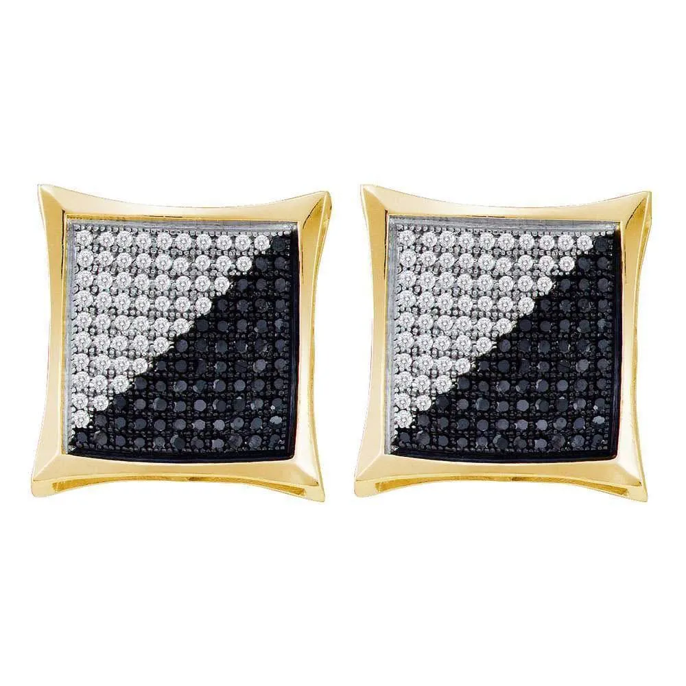 10K Yellow Gold Round Black Color Enhanced Diamond Square Kite Cluster Earrings 7/8 Cttw