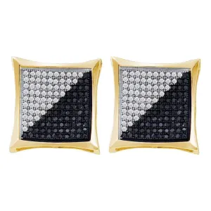 10K Yellow Gold Round Black Color Enhanced Diamond Square Kite Cluster Earrings 7/8 Cttw