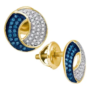 10K Yellow Gold Round Blue Color Enhanced Diamond Circle Cluster Earrings 1/5 Cttw