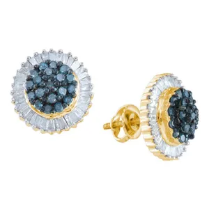 10K Yellow Gold Round Blue Color Enhanced Diamond Cluster Earrings 1.00 Cttw