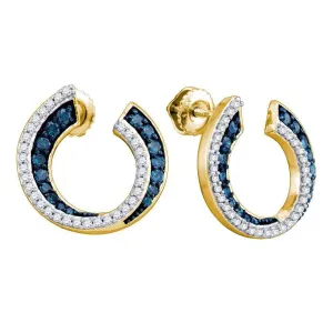10K Yellow Gold Round Blue Color Enhanced Diamond Cluster Earrings 3/4 Cttw