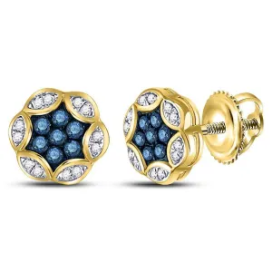 10K Yellow Gold Round Blue Color Enhanced Diamond Cluster Stud Earrings 1/4 Cttw