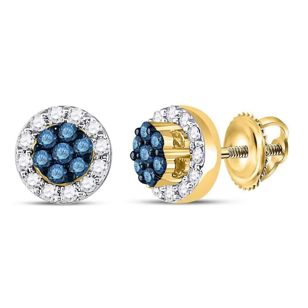 10K Yellow Gold Round Blue Color Enhanced Diamond Flower Cluster Earrings 1/2 Cttw