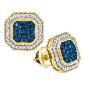 10K Yellow Gold Round Blue Color Enhanced Diamond Octagon Frame Cluster Earrings 1/2 Cttw