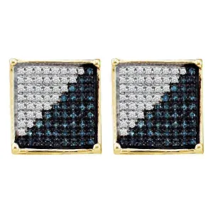 10K Yellow Gold Round Blue Color Enhanced Diamond Square Cluster Earrings 1/10 Cttw