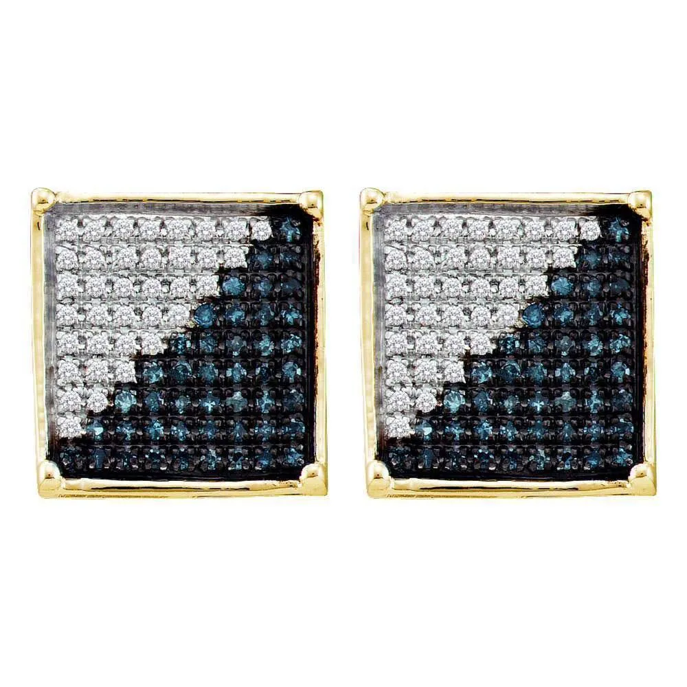 10K Yellow Gold Round Blue Color Enhanced Diamond Square Cluster Earrings 1/10 Cttw
