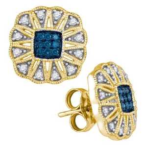 10K Yellow Gold Round Blue Color Enhanced Diamond Square Starburst Cluster Earrings 1/4 Cttw