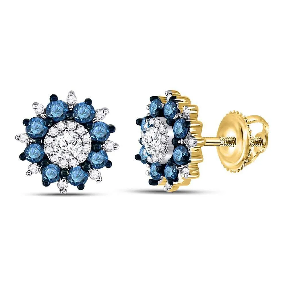 10K Yellow Gold Round Blue Color Enhanced Diamond Starburst Cluster Earrings 1.00 Cttw