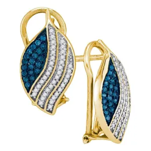 10K Yellow Gold Round Blue Color Enhanced Diamond Stripe Oval Cluster Earrings 1/2 Cttw