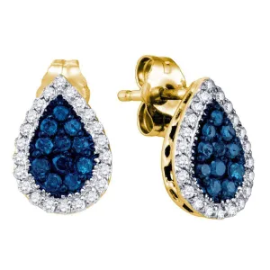 10K Yellow Gold Round Blue Color Enhanced Diamond Teardrop Cluster Earrings 1/2 Cttw