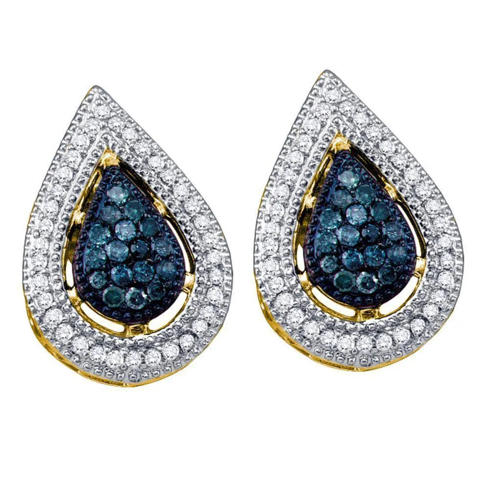 10K Yellow Gold Round Blue Color Enhanced Diamond Teardrop Cluster Earrings 3/8 Cttw